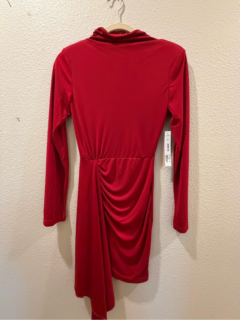NWT AQUA Red Ruched Asymmetrical Long Sleeve Mini Dress XS